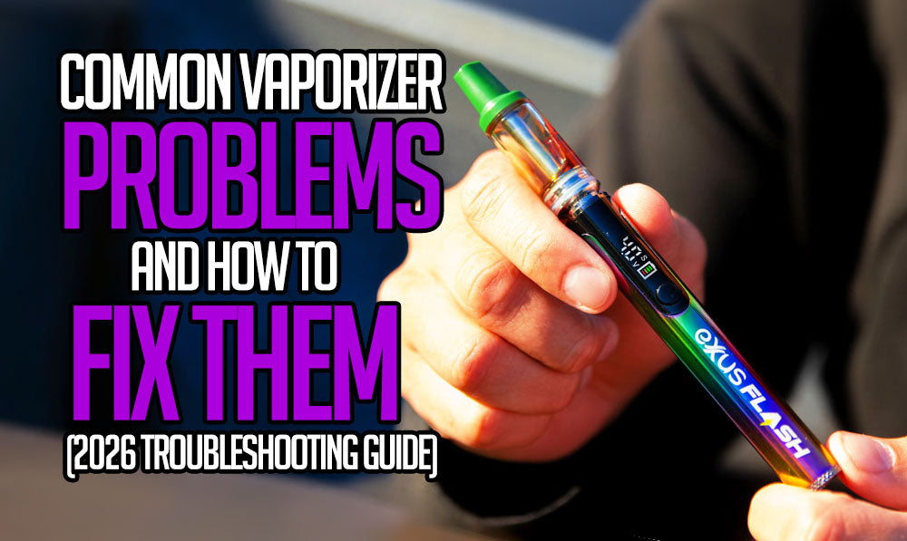 text on left of image with man holding Exxus Flash vape on right side of image
