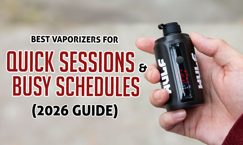 close up shot of WULF Growler vaporizer rig in black with text header on left of image