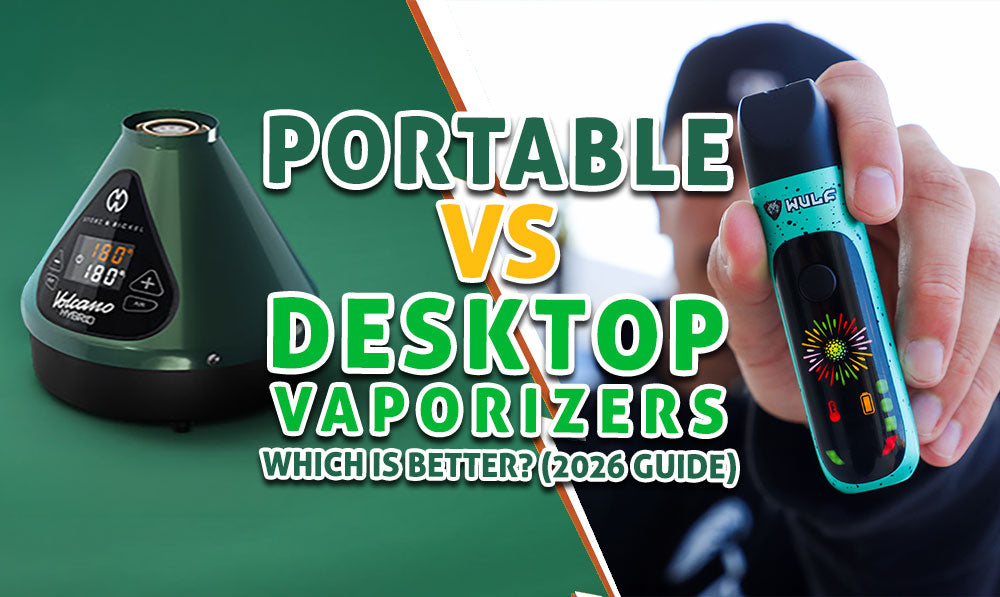 Storz & Bickel Evergreen Edition Volcano Hybrid and Wulf Budr Concentrate Vaporizer with a split down the middle and with text