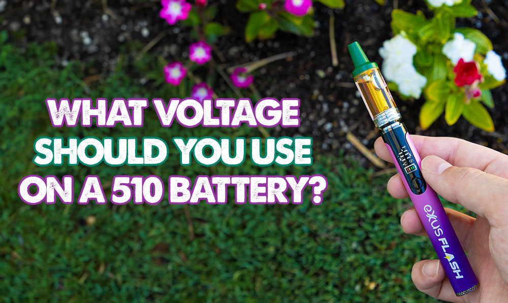 headline text with Exxus Flash Variable Voltage 510 battery on floral background