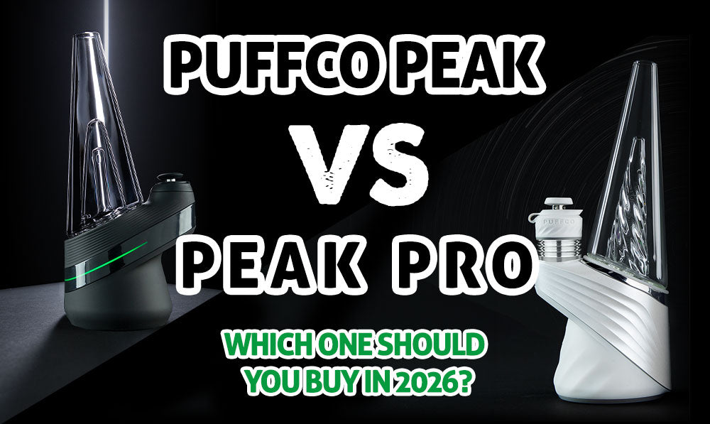 text in center stating title of article with PuffCo Peak and PuffCo Peak Pro products side by side comparison