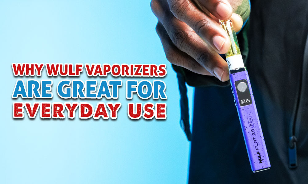 man holding the Wulf Flat Mini 2.0 with blue background and text
