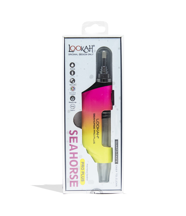 Pink Yellow Lookah Seahorse Pro Plus Gradient Edition Nectar Collector Packaging Front View on White Background