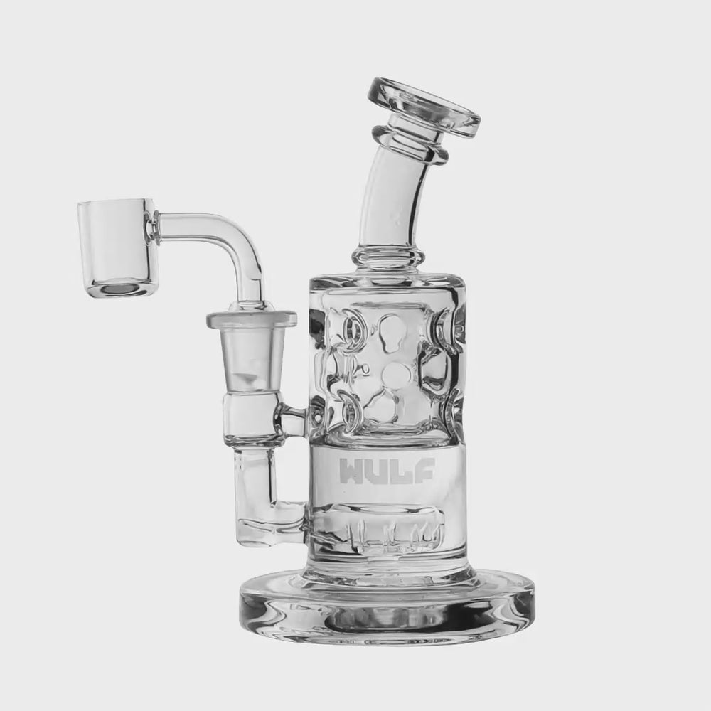 Clear Wulf Mods Shift 14mm Dab Rig with Quartz Banger Bubbling Video Front View on White Background