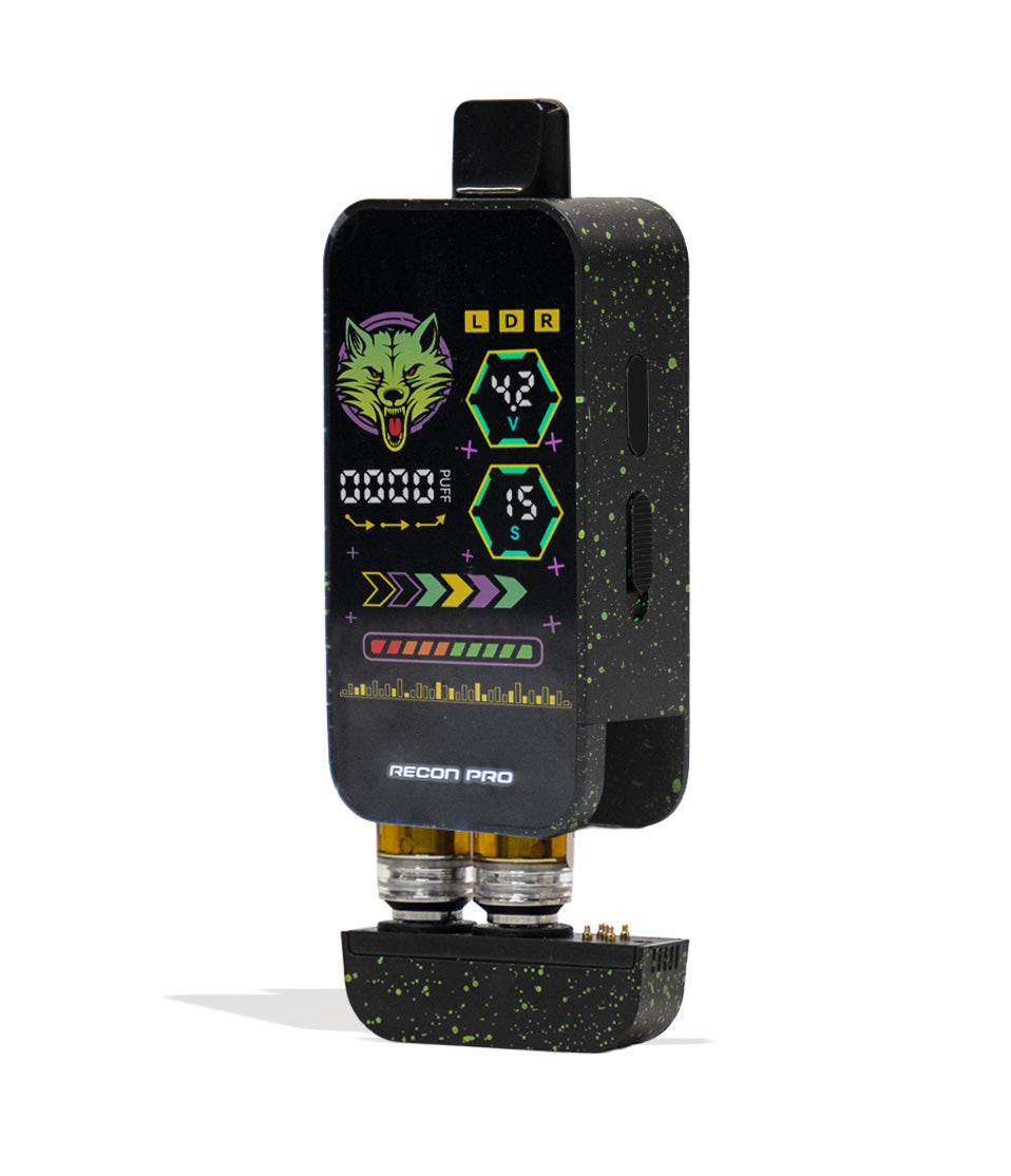 Black Green Spatter Wulf Mods Recon Pro Dual 510 Voltage Battery Apart View on White Background