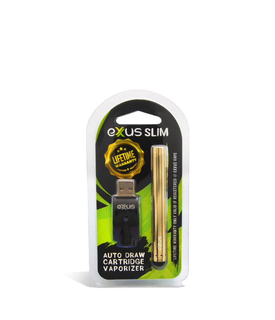 Gold packaging Exxus Vape Slim Auto Draw Cartridge Vaporizer on white studio background