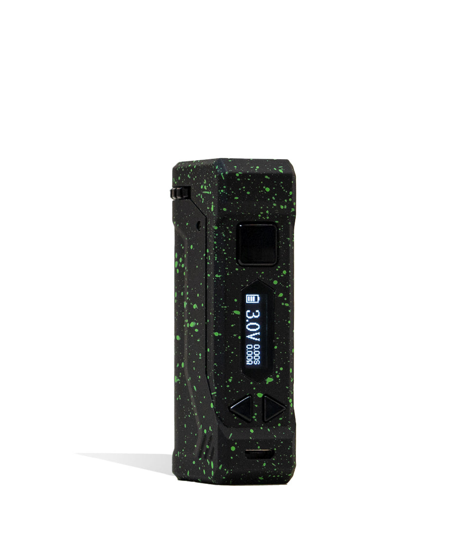Black Green Spatter Wulf Mods UNI Pro Adjustable Cartridge Vaporizer Front View on White Background